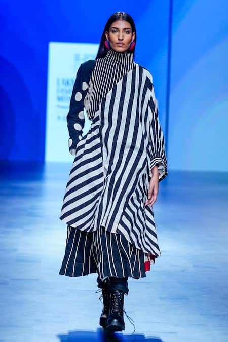 KA-Sha_Black Bar Striped Applique Asymmetric Cape _Online_at_Aza_Fashions