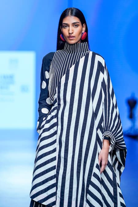 Buy_KA-Sha_Black Bar Striped Applique Asymmetric Cape _Online_at_Aza_Fashions