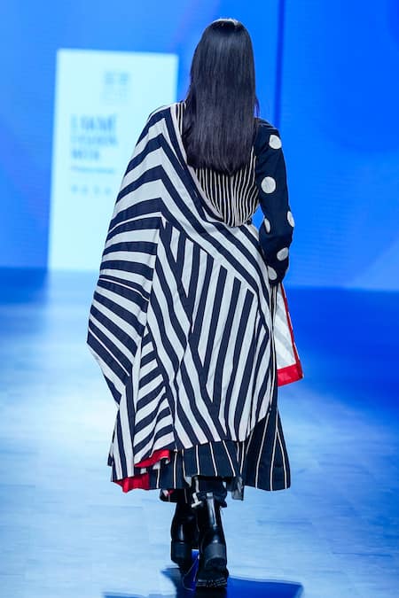 Shop_KA-Sha_Black Bar Striped Applique Asymmetric Cape _Online_at_Aza_Fashions