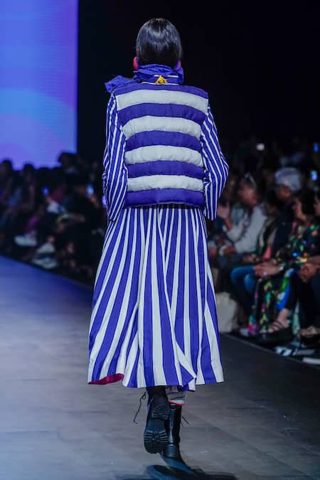 Shop_KA-Sha_Blue Silk Awning Stripe Applique Round Neck Midi Dress _at_Aza_Fashions