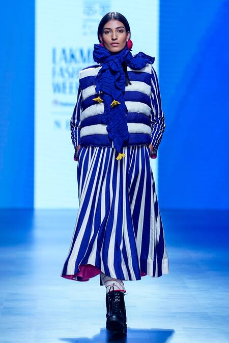 KA-Sha_Blue Silk Awning Stripe Applique Round Neck Midi Dress _Online_at_Aza_Fashions