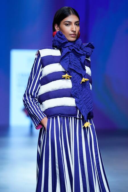 Buy_KA-Sha_Blue Silk Awning Stripe Applique Round Neck Midi Dress _Online_at_Aza_Fashions