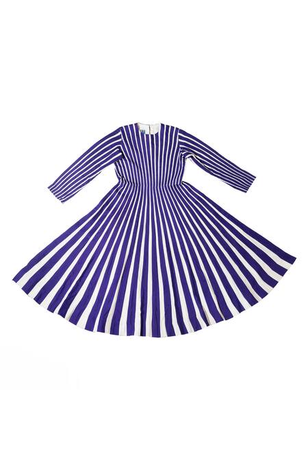 Shop KA-Sha Blue Silk Awning Stripe Applique Round Neck Midi Dress Online at Aza Fashions Shop_KA-Sha_Blue Silk Awning Stripe Applique Round Neck Midi Dress _Online_at_Aza_Fashions