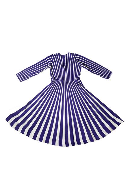 KA-Sha Blue Silk Awning Stripe Applique Round Neck Midi Dress at Aza Fashions KA-Sha_Blue Silk Awning Stripe Applique Round Neck Midi Dress _at_Aza_Fashions