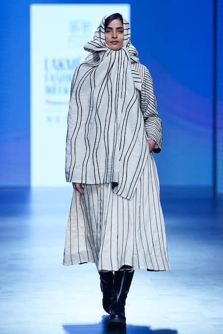 KA-Sha_Black Cotton Applique Round Neck Pin Striped Midi Dress _Online_at_Aza_Fashions