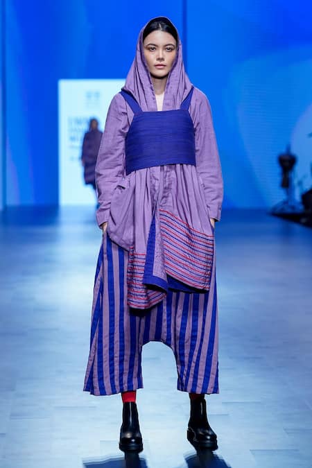 Shop_KA-Sha_Purple Kala Cotton Awning Stripe Applique Drop Crotch Pant _at_Aza_Fashions