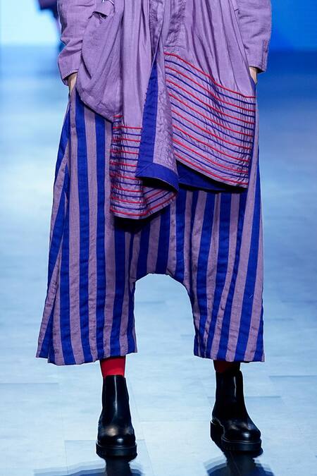 KA-Sha Purple Kala Cotton Awning Stripe Applique Drop Crotch Pant Online at Aza Fashions KA-Sha_Purple Kala Cotton Awning Stripe Applique Drop Crotch Pant _Online_at_Aza_Fashions