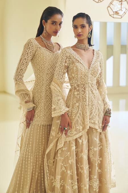Buy_Seema Gujral_Beige Net Sequins, Pearls, Crystals Floral Jaal Embroidered Kurta Sharara Set _Online_at_Aza_Fashions