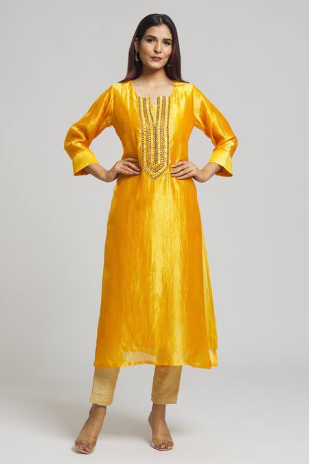 Bhusattva Yellow Organic Silk Embroidered Mirrorwork Notched Placket Kurta Online at Aza Fashions Bhusattva_Yellow Organic Silk Embroidered Mirrorwork Notched Placket Kurta _Online_at_Aza_Fashions