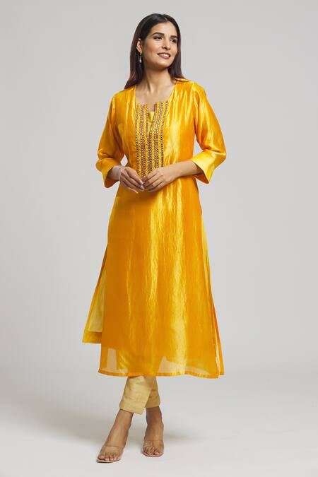 Buy Bhusattva Yellow Organic Silk Embroidered Mirrorwork Notched Placket Kurta Online at Aza Fashions Buy_Bhusattva_Yellow Organic Silk Embroidered Mirrorwork Notched Placket Kurta _Online_at_Aza_Fashions