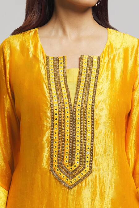 Shop Bhusattva Yellow Organic Silk Embroidered Mirrorwork Notched Placket Kurta Online at Aza Fashions Shop_Bhusattva_Yellow Organic Silk Embroidered Mirrorwork Notched Placket Kurta _Online_at_Aza_Fashions