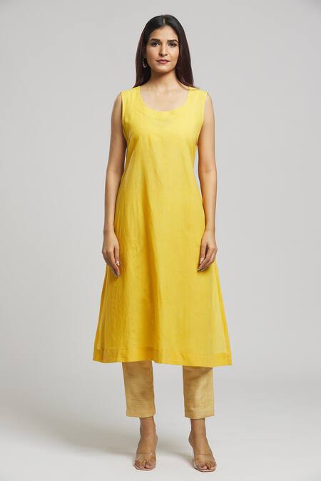 Bhusattva Yellow Organic Silk Embroidered Mirrorwork Notched Placket Kurta at Aza Fashions Bhusattva_Yellow Organic Silk Embroidered Mirrorwork Notched Placket Kurta _at_Aza_Fashions