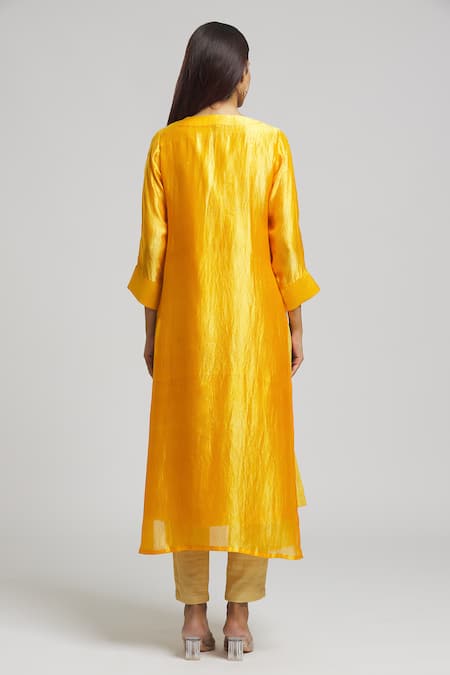 Shop Bhusattva Yellow Organic Silk Embroidered Mirrorwork Notched Placket Kurta at Aza Fashions Shop_Bhusattva_Yellow Organic Silk Embroidered Mirrorwork Notched Placket Kurta _at_Aza_Fashions
