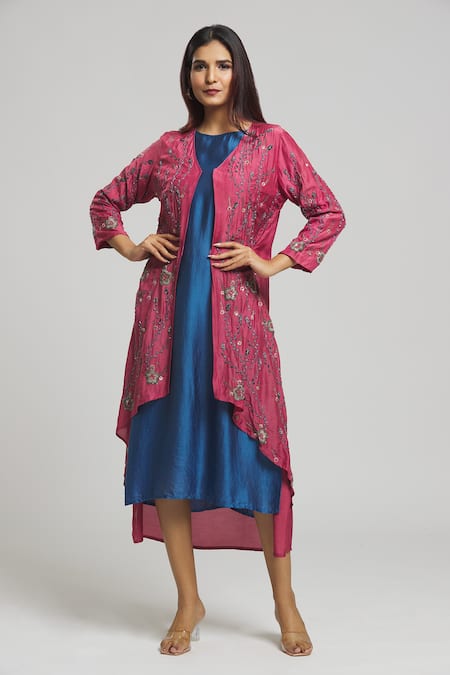 Buy_Bhusattva_Pink Organic Silk Embroidered Cutdana Sequin Floral Jaal With Kurta  _Online_at_Aza_Fashions