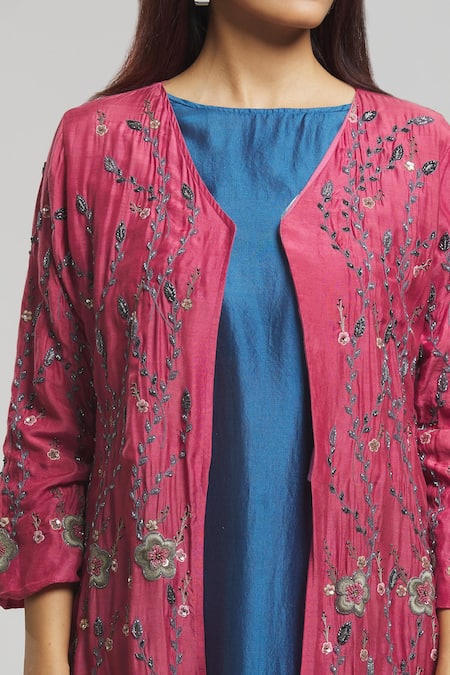 Shop_Bhusattva_Pink Organic Silk Embroidered Cutdana Sequin Floral Jaal With Kurta  _Online_at_Aza_Fashions