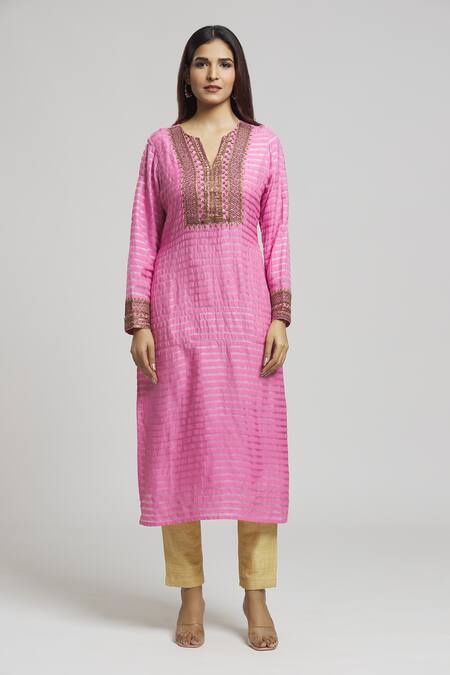 Bhusattva_Pink Organic Silk Embroidered Cutdana Sequin Kurta With Dupatta  _Online_at_Aza_Fashions