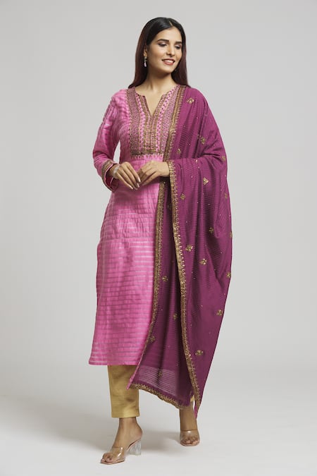 Buy_Bhusattva_Pink Organic Silk Embroidered Cutdana Sequin Kurta With Dupatta  _Online_at_Aza_Fashions