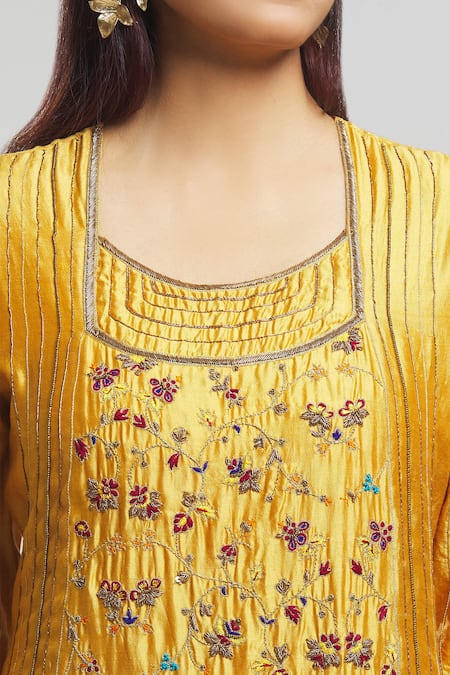 Shop_Bhusattva_Yellow Organic Silk Embroidered Sequin Square Floral Kurta With Pant _Online_at_Aza_Fashions