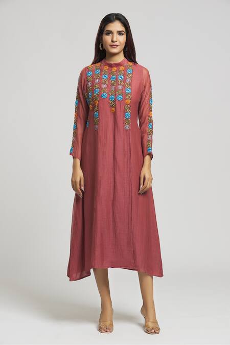 Bhusattva Brown Organic Silk Embroidered Thread Band Collar Floral Kurta Online at Aza Fashions Bhusattva_Brown Organic Silk Embroidered Thread Band Collar Floral Kurta _Online_at_Aza_Fashions