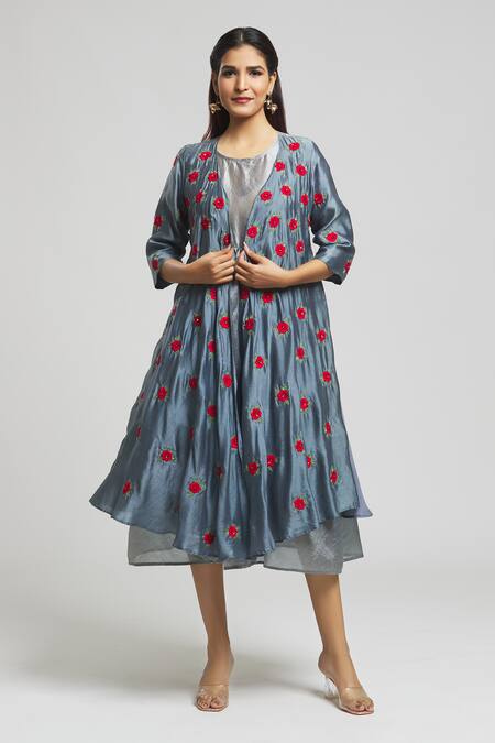 Bhusattva Grey Silk Embroidery Round Neck Floral Shrug With Dress Online at Aza Fashions Bhusattva_Grey Silk Embroidery Round Neck Floral Shrug With Dress_Online_at_Aza_Fashions