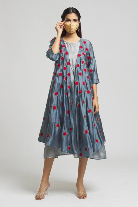 Buy Bhusattva Grey Silk Embroidery Round Neck Floral Shrug With Dress Online at Aza Fashions Buy_Bhusattva_Grey Silk Embroidery Round Neck Floral Shrug With Dress_Online_at_Aza_Fashions