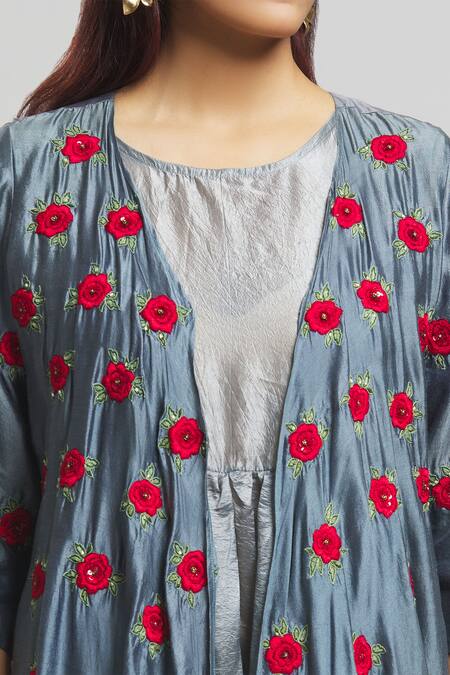 Shop Bhusattva Grey Silk Embroidery Round Neck Floral Shrug With Dress Online at Aza Fashions Shop_Bhusattva_Grey Silk Embroidery Round Neck Floral Shrug With Dress_Online_at_Aza_Fashions
