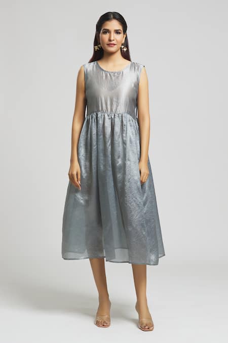 Bhusattva Grey Silk Embroidery Round Neck Floral Shrug With Dress at Aza Fashions Bhusattva_Grey Silk Embroidery Round Neck Floral Shrug With Dress_at_Aza_Fashions