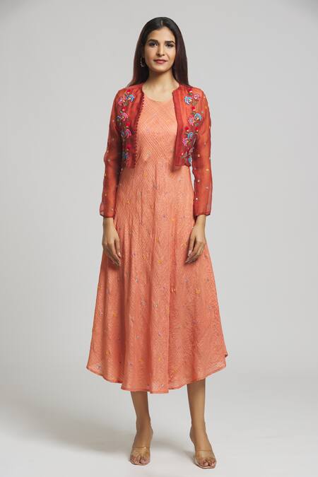 Bhusattva Orange Organza, Silk Embroidery Round , Open Floral Jacket With Dress Online at Aza Fashions Bhusattva_Orange Organza, Silk Embroidery Round , Open Floral Jacket With Dress _Online_at_Aza_Fashions