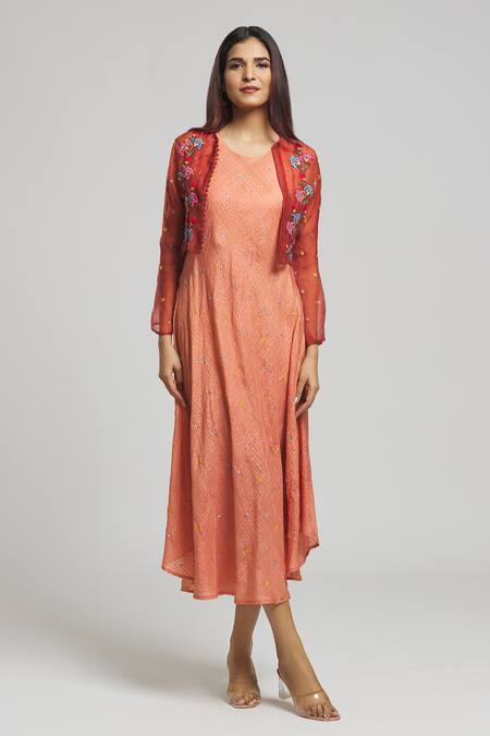 Buy Bhusattva Orange Organza, Silk Embroidery Round , Open Floral Jacket With Dress Online at Aza Fashions Buy_Bhusattva_Orange Organza, Silk Embroidery Round , Open Floral Jacket With Dress _Online_at_Aza_Fashions
