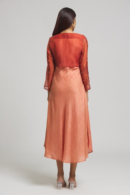 Shop Bhusattva Orange Organza, Silk Embroidery Round , Open Floral Jacket With Dress at Aza Fashions Shop_Bhusattva_Orange Organza, Silk Embroidery Round , Open Floral Jacket With Dress _at_Aza_Fashions