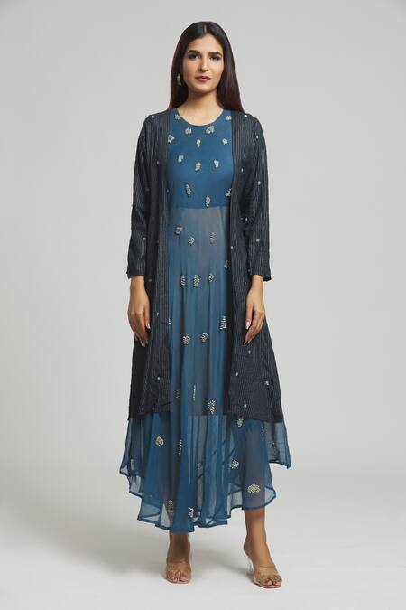 Bhusattva_Blue Silk Pearls, Sequins Round Neck Embellished Shrug With Dress_Online_at_Aza_Fashions
