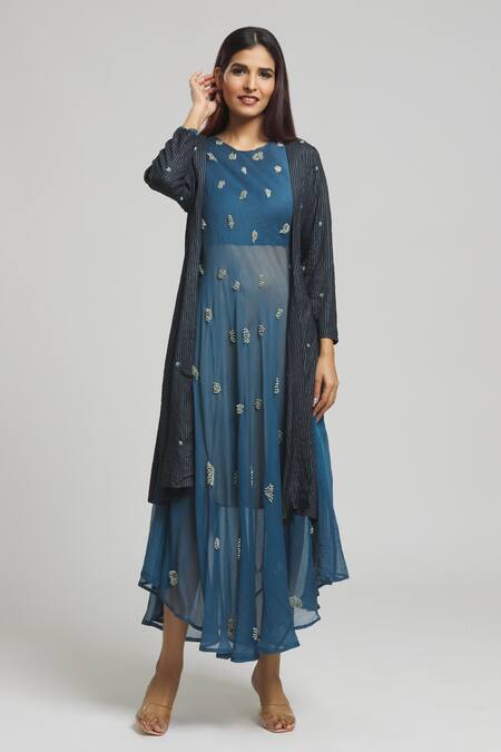 Buy_Bhusattva_Blue Silk Pearls, Sequins Round Neck Embellished Shrug With Dress_Online_at_Aza_Fashions