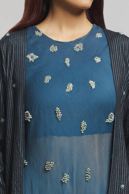 Shop_Bhusattva_Blue Silk Pearls, Sequins Round Neck Embellished Shrug With Dress_Online_at_Aza_Fashions