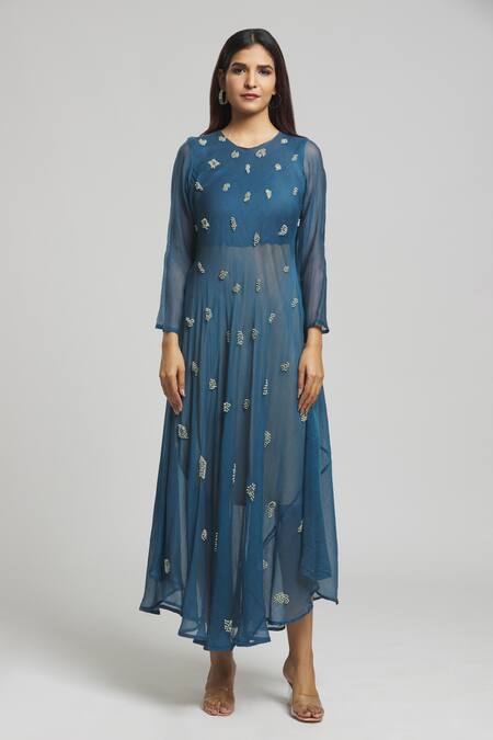 Bhusattva_Blue Silk Pearls, Sequins Round Neck Embellished Shrug With Dress_at_Aza_Fashions