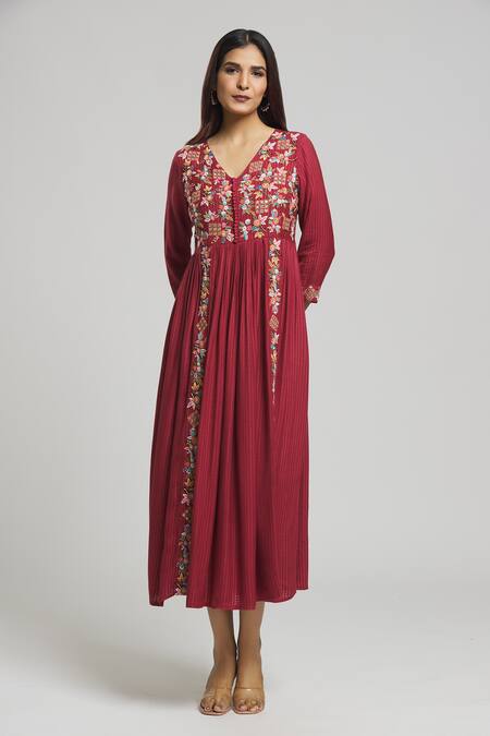 Buy Bhusattva Red Silk, Jacquard Embroidery V-neck Thread Dress Online at Aza Fashions Buy_Bhusattva_Red Silk, Jacquard Embroidery V-neck Thread Dress _Online_at_Aza_Fashions
