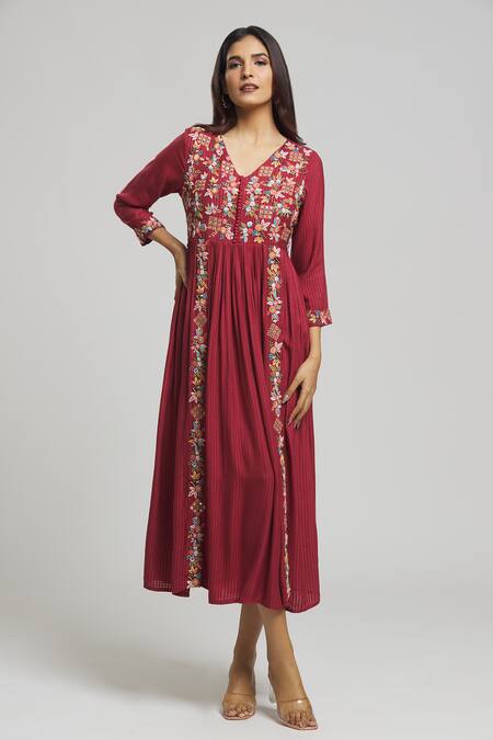 Shop Bhusattva Red Silk, Jacquard Embroidery V-neck Thread Dress Online at Aza Fashions Shop_Bhusattva_Red Silk, Jacquard Embroidery V-neck Thread Dress _Online_at_Aza_Fashions