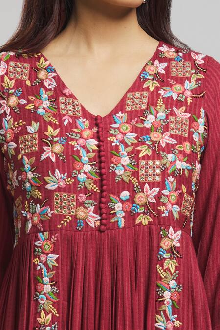 Bhusattva Red Silk, Jacquard Embroidery V-neck Thread Dress at Aza Fashions Bhusattva_Red Silk, Jacquard Embroidery V-neck Thread Dress _at_Aza_Fashions