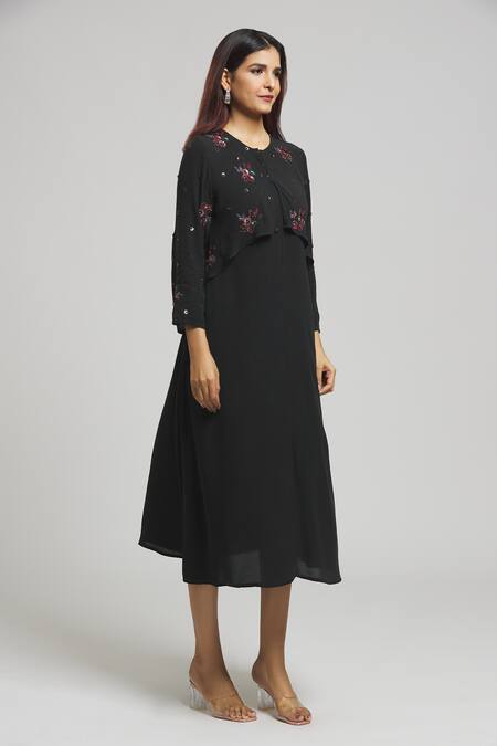 Bhusattva_Black Silk, Crepe Embroidery Round Neck Overlap Panel Dress _Online_at_Aza_Fashions
