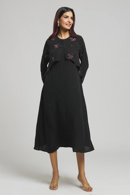 Buy_Bhusattva_Black Silk, Crepe Embroidery Round Neck Overlap Panel Dress _Online_at_Aza_Fashions