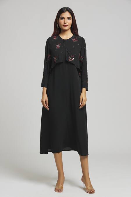 Bhusattva_Black Silk, Crepe Embroidery Round Neck Overlap Panel Dress _at_Aza_Fashions