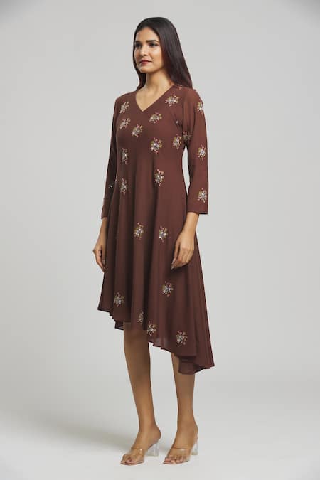 Bhusattva_Brown Cut Work V-neck Floral Embroidered Dress _Online_at_Aza_Fashions