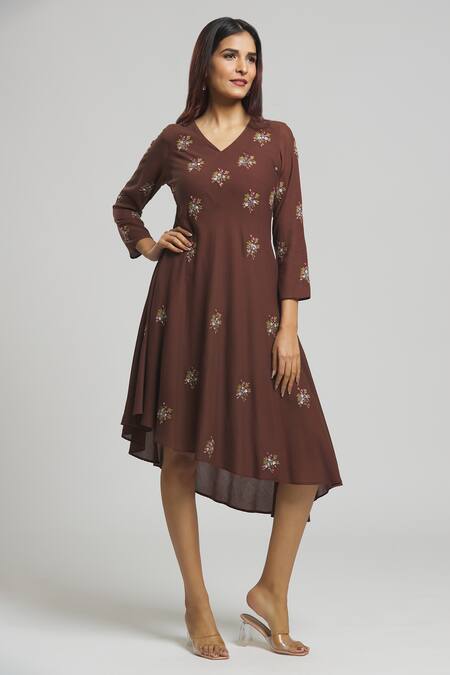 Shop_Bhusattva_Brown Cut Work V-neck Floral Embroidered Dress _Online_at_Aza_Fashions
