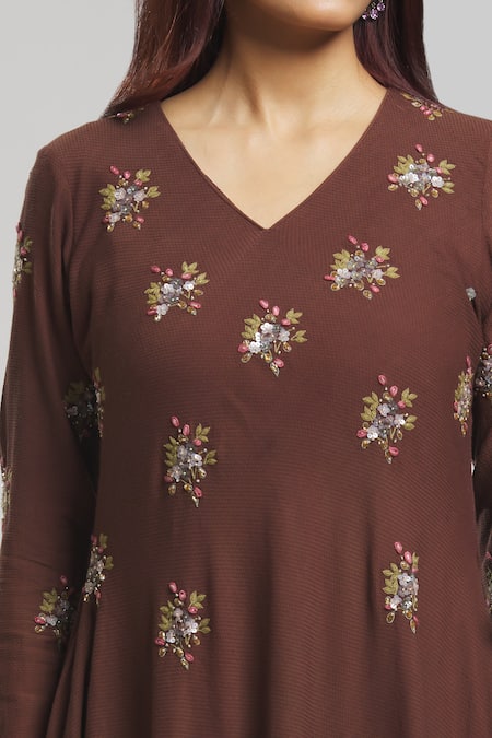 Bhusattva_Brown Cut Work V-neck Floral Embroidered Dress _at_Aza_Fashions