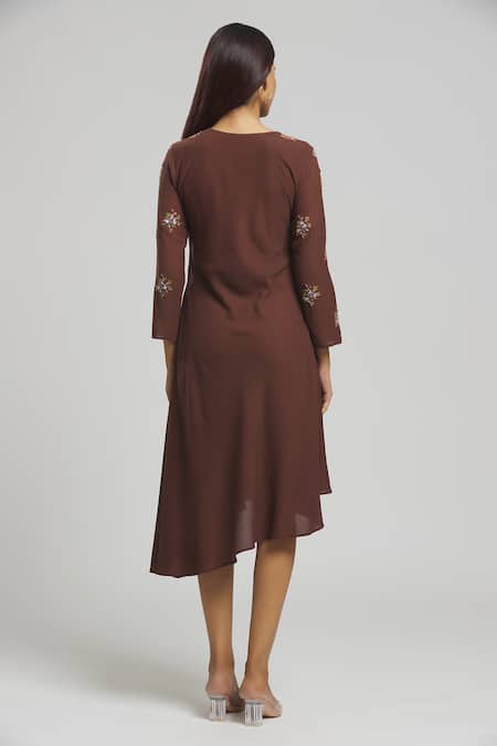 Shop_Bhusattva_Brown Cut Work V-neck Floral Embroidered Dress _at_Aza_Fashions