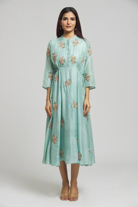 Bhusattva Blue Organic Silk Embroidered Sequin Band Collar Bead Kurta Online at Aza Fashions Bhusattva_Blue Organic Silk Embroidered Sequin Band Collar Bead Kurta _Online_at_Aza_Fashions