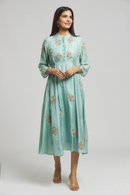 Shop Bhusattva Blue Organic Silk Embroidered Sequin Band Collar Bead Kurta Online at Aza Fashions Shop_Bhusattva_Blue Organic Silk Embroidered Sequin Band Collar Bead Kurta _Online_at_Aza_Fashions