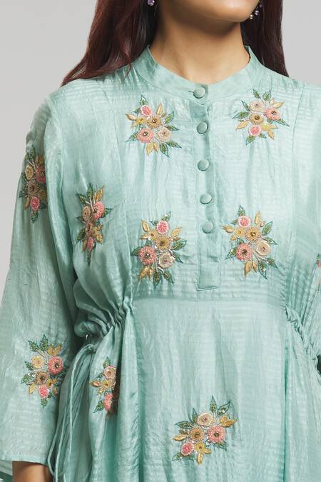 Bhusattva Blue Organic Silk Embroidered Sequin Band Collar Bead Kurta at Aza Fashions Bhusattva_Blue Organic Silk Embroidered Sequin Band Collar Bead Kurta _at_Aza_Fashions