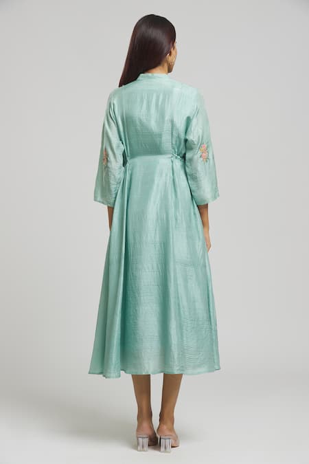 Shop Bhusattva Blue Organic Silk Embroidered Sequin Band Collar Bead Kurta at Aza Fashions Shop_Bhusattva_Blue Organic Silk Embroidered Sequin Band Collar Bead Kurta _at_Aza_Fashions