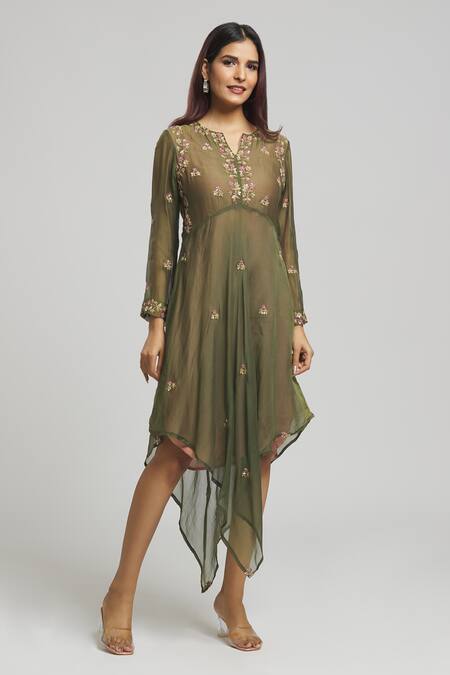 Buy Bhusattva Green Organic Silk Embroidered Sequin V-neck Floral Kurta Online at Aza Fashions Buy_Bhusattva_Green Organic Silk Embroidered Sequin V-neck Floral Kurta _Online_at_Aza_Fashions