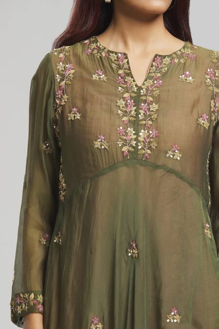 Shop Bhusattva Green Organic Silk Embroidered Sequin V-neck Floral Kurta Online at Aza Fashions Shop_Bhusattva_Green Organic Silk Embroidered Sequin V-neck Floral Kurta _Online_at_Aza_Fashions